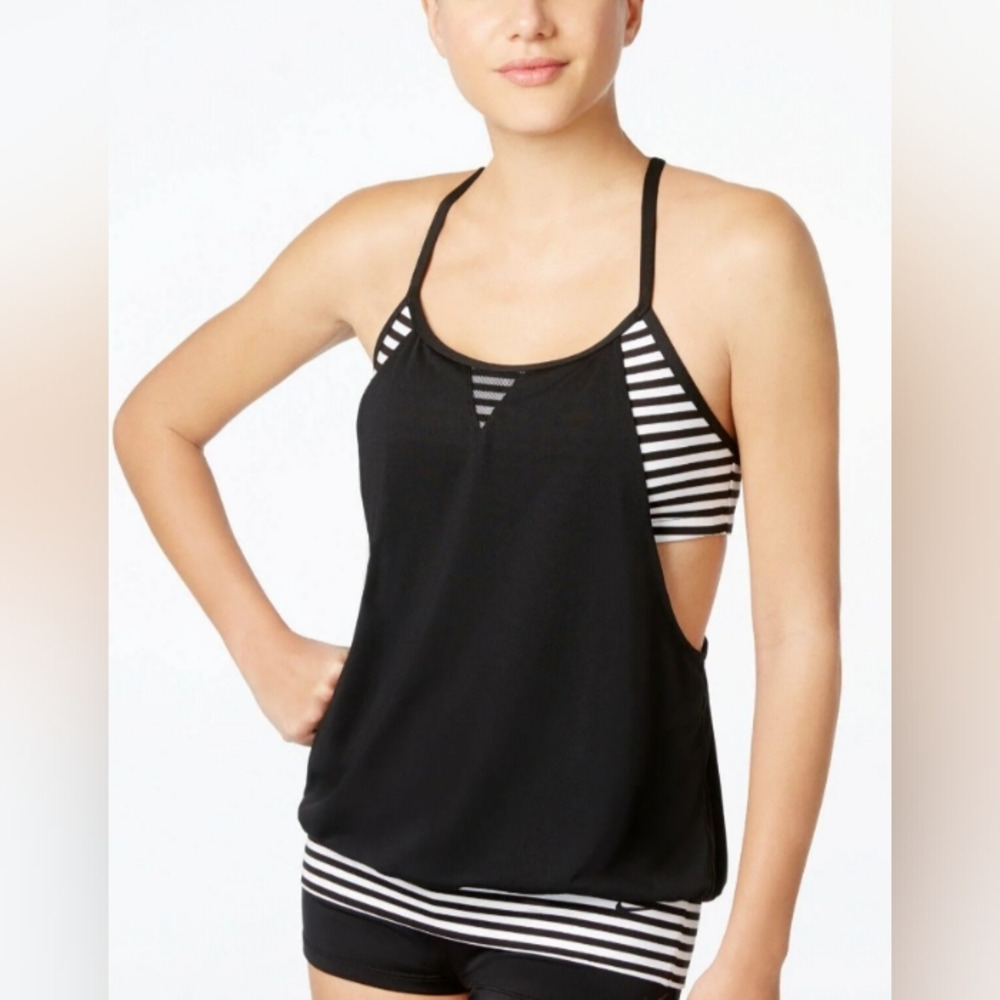 Nike Laser Striped Black & White Layered Tankini Swim Top Small